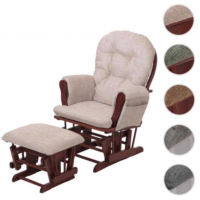 Relaxsessel HWC-C76, Schaukelstuhl Schwingstuhl mit Hocker Stoff Chenille (465g/m) ko-Tex ~ creme, Gestell dunkel