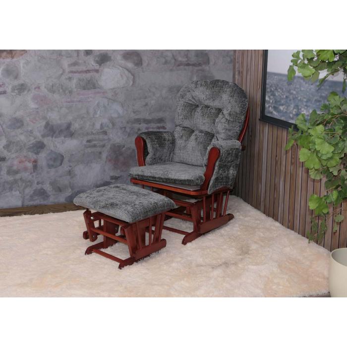 Relaxsessel HWC-C76, Schaukelstuhl Schwingstuhl mit Hocker Stoff Chenille (465g/m) ko-Tex ~ dunkelgrau, Gestell dunkel