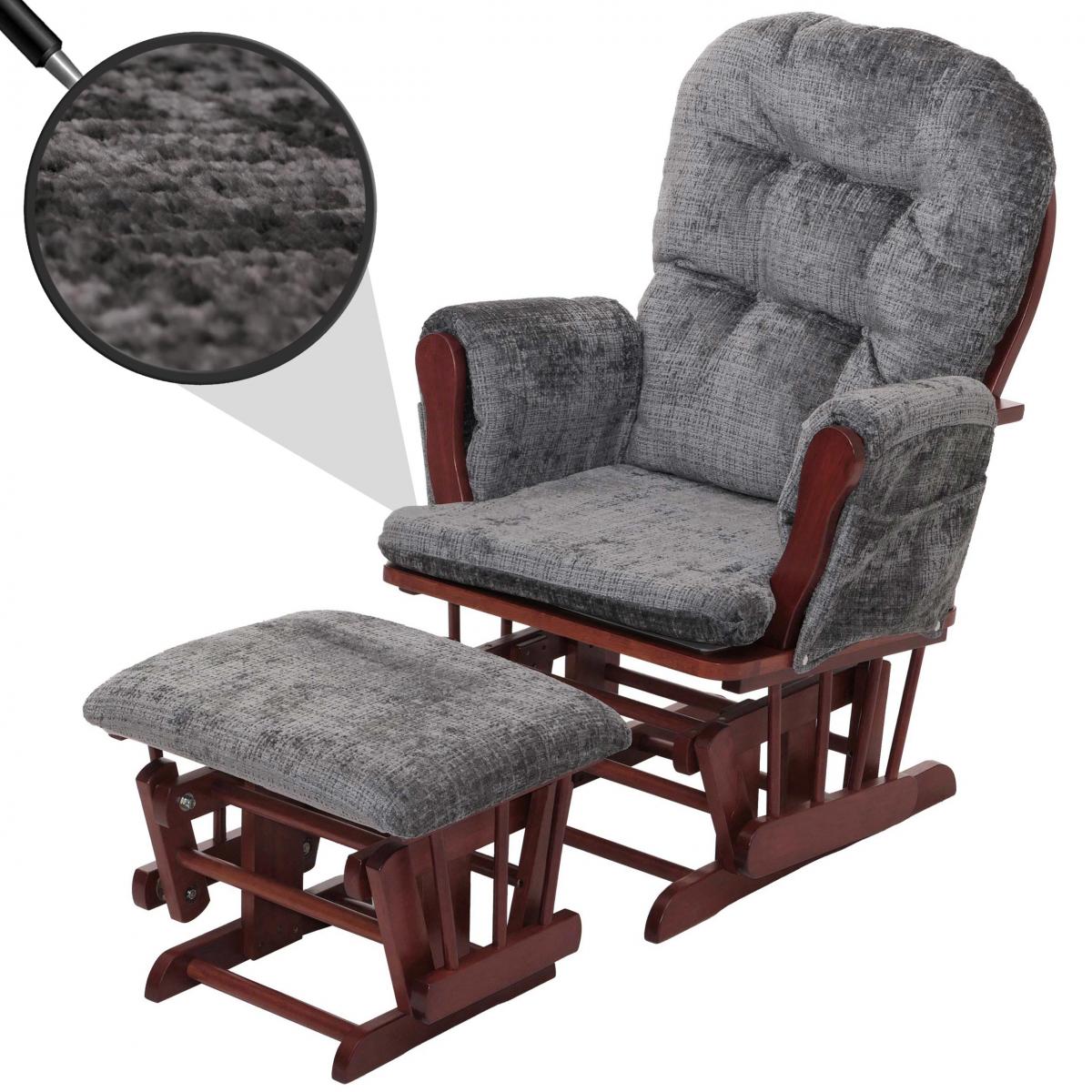 Relaxsessel HWC-C76, Schaukelstuhl Schwingstuhl mit Hocker Stoff Chenille (465g/m) ko-Tex ~ dunkelgrau, Gestell dunkel