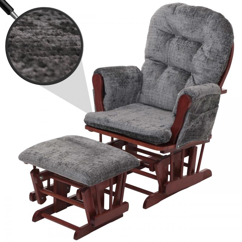 Relaxsessel HWC-C76, Schaukelstuhl Schwingstuhl mit Hocker Stoff Chenille (465g/m) ko-Tex ~ dunkelgrau, Gestell dunkel