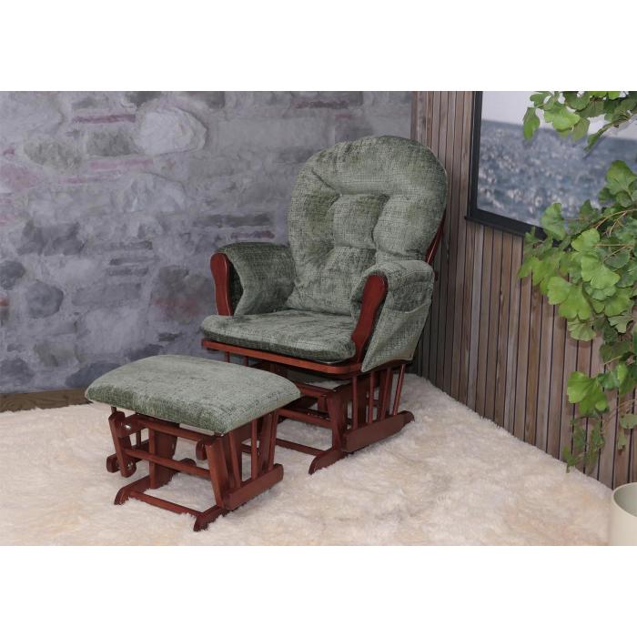 Relaxsessel HWC-C76, Schaukelstuhl Schwingstuhl mit Hocker Stoff Chenille (465g/m) ko-Tex ~ grn, Gestell dunkel