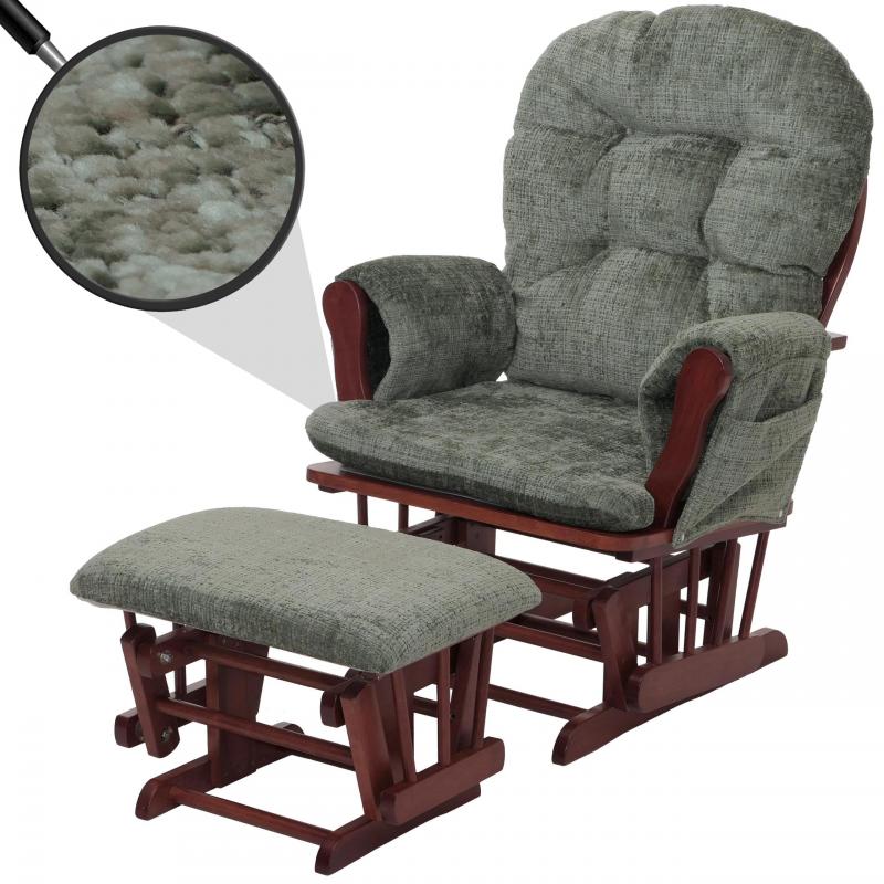 Relaxsessel HWC-C76, Schaukelstuhl Schwingstuhl mit Hocker Stoff Chenille (465g/m) ko-Tex ~ grn, Gestell dunkel