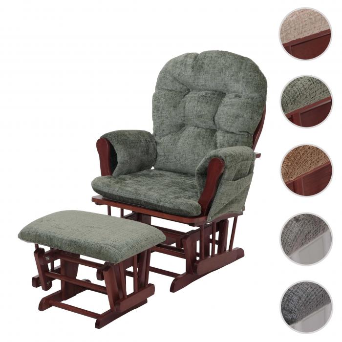 Relaxsessel HWC-C76, Schaukelstuhl Schwingstuhl mit Hocker Stoff Chenille (465g/m) ko-Tex ~ grn, Gestell dunkel