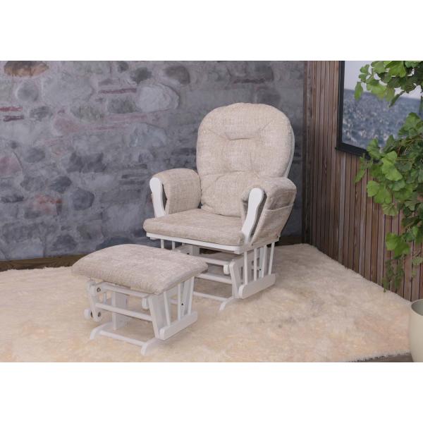 Stimmungsbild fr Produkt Relaxsessel HWC-C76, Schaukelstuhl Schwingstuhl mit Hocker Stoff Chenille (465g/m) ko-Tex ~ creme, Gestell wei