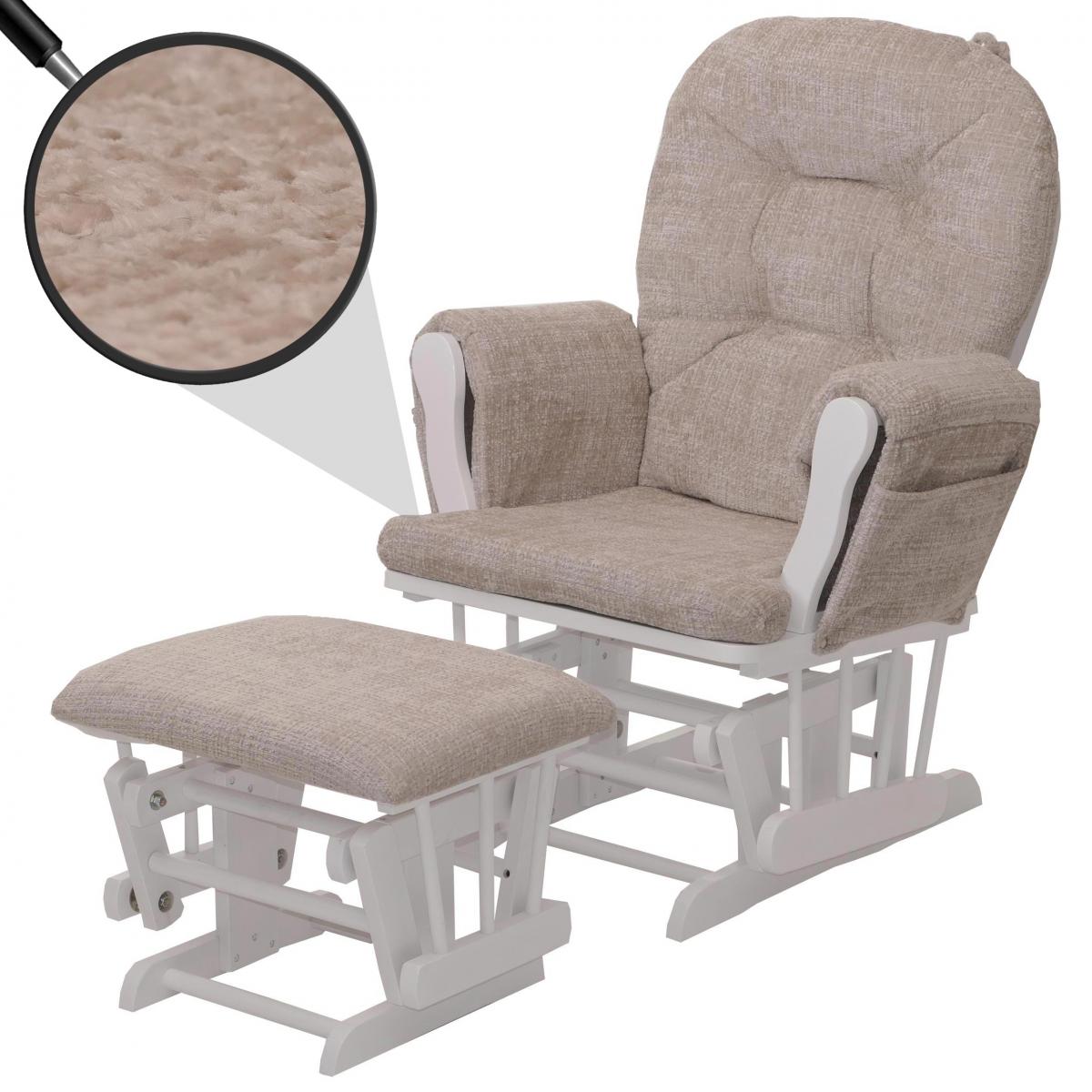 Relaxsessel HWC-C76, Schaukelstuhl Schwingstuhl mit Hocker Stoff Chenille (465g/m) ko-Tex ~ creme, Gestell wei