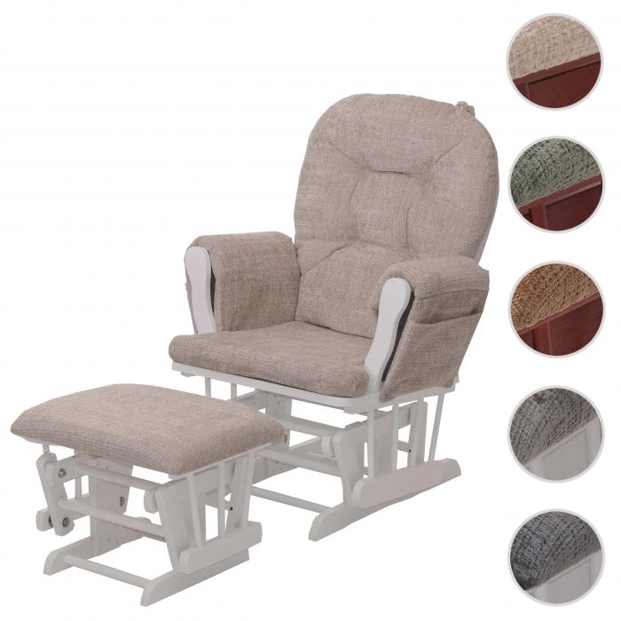 Relaxsessel HWC-C76, Schaukelstuhl Schwingstuhl mit Hocker Stoff Chenille (465g/m) ko-Tex ~ creme, Gestell wei