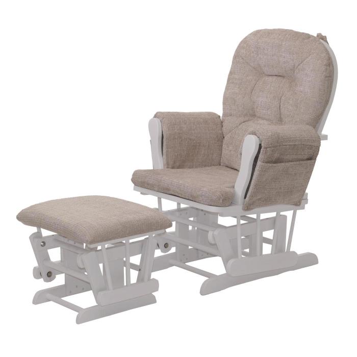 Relaxsessel HWC-C76, Schaukelstuhl Schwingstuhl mit Hocker Stoff Chenille (465g/m) ko-Tex ~ creme, Gestell wei
