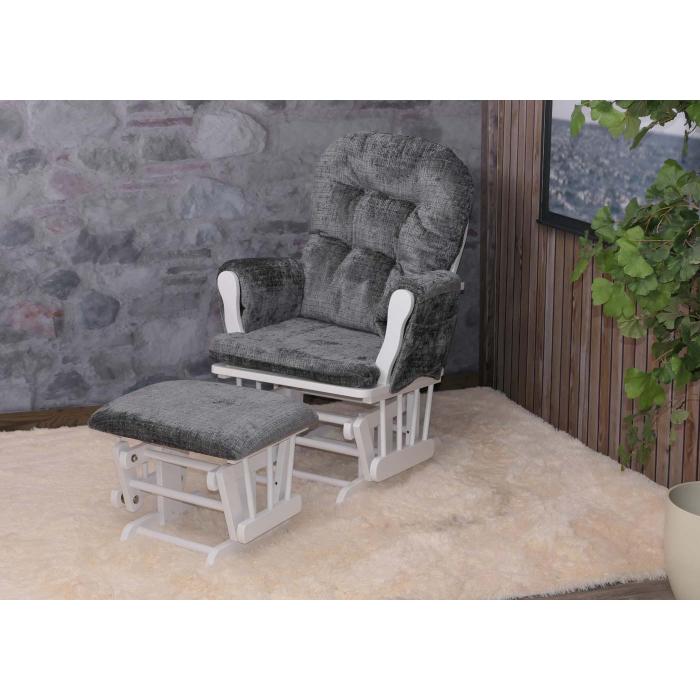 Relaxsessel HWC-C76, Schaukelstuhl Schwingstuhl mit Hocker Stoff Chenille (465g/m) ko-Tex ~ dunkelgrau, Gestell wei