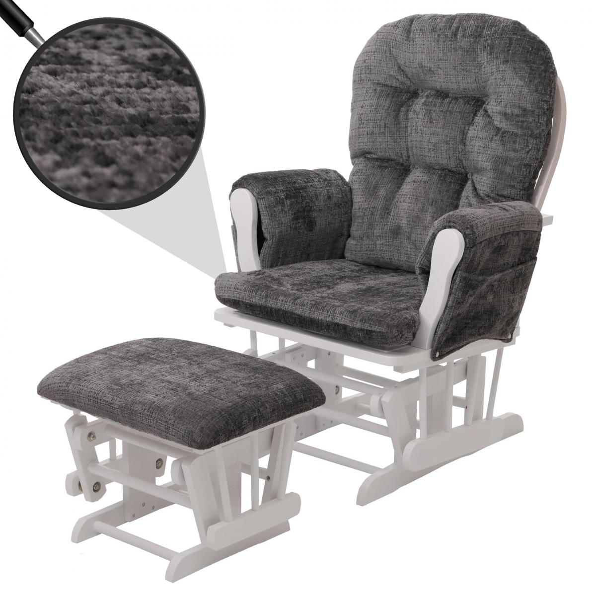 Relaxsessel HWC-C76, Schaukelstuhl Schwingstuhl mit Hocker Stoff Chenille (465g/m) ko-Tex ~ dunkelgrau, Gestell wei