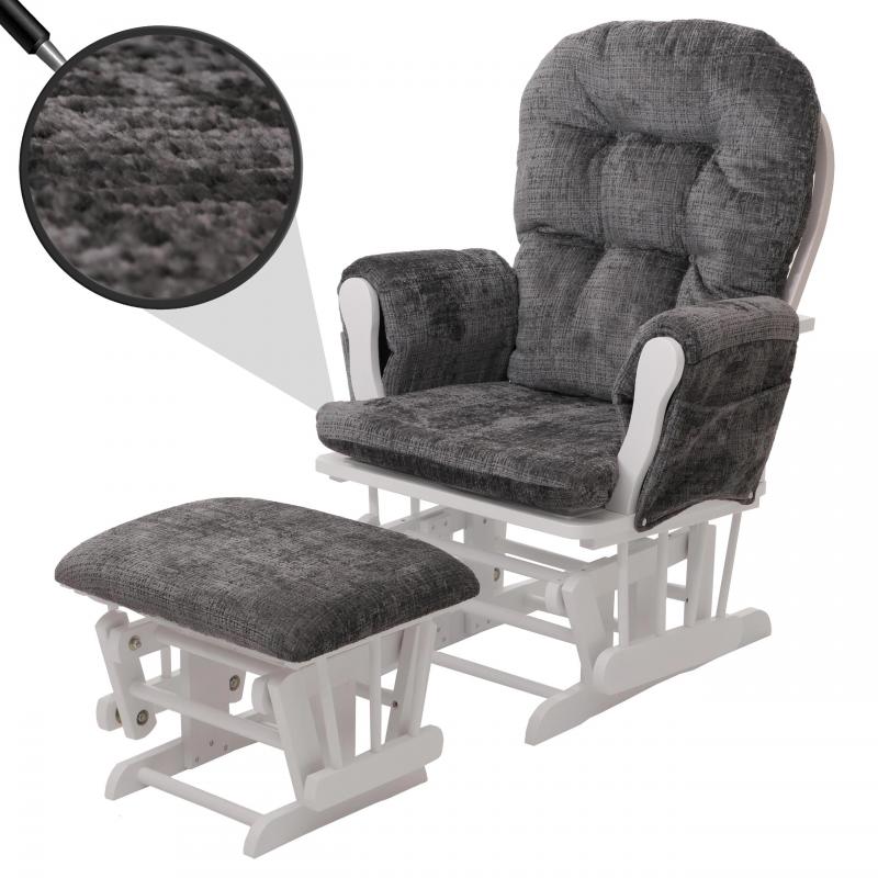 Relaxsessel HWC-C76, Schaukelstuhl Schwingstuhl mit Hocker Stoff Chenille (465g/m) ko-Tex ~ dunkelgrau, Gestell wei