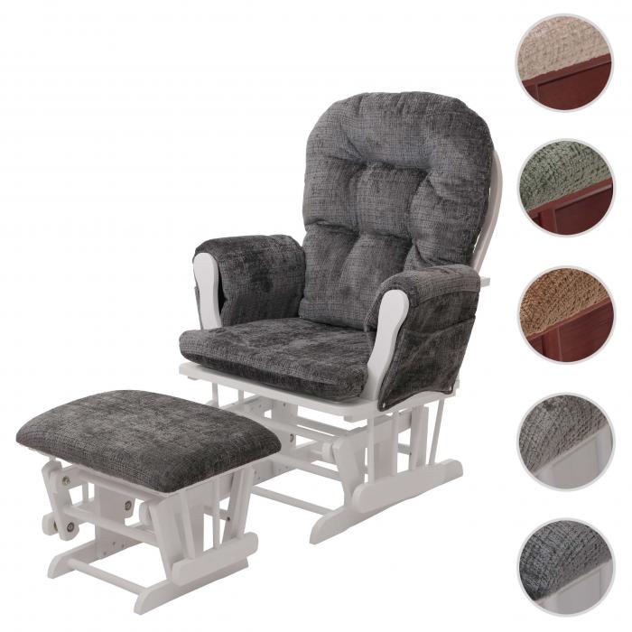Relaxsessel HWC-C76, Schaukelstuhl Schwingstuhl mit Hocker Stoff Chenille (465g/m) ko-Tex ~ dunkelgrau, Gestell wei