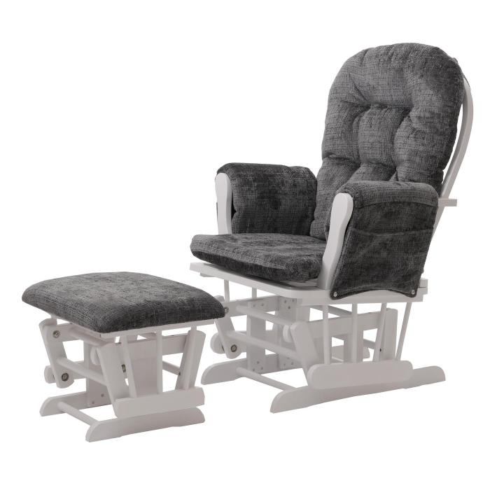 Relaxsessel HWC-C76, Schaukelstuhl Schwingstuhl mit Hocker Stoff Chenille (465g/m) ko-Tex ~ dunkelgrau, Gestell wei