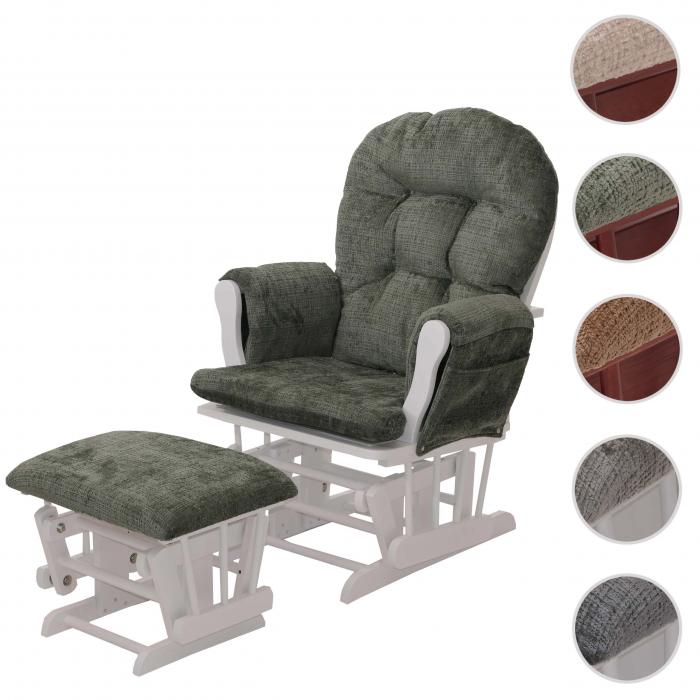 Relaxsessel HWC-C76, Schaukelstuhl Schwingstuhl mit Hocker Stoff Chenille (465g/m) ko-Tex ~ grn, Gestell wei