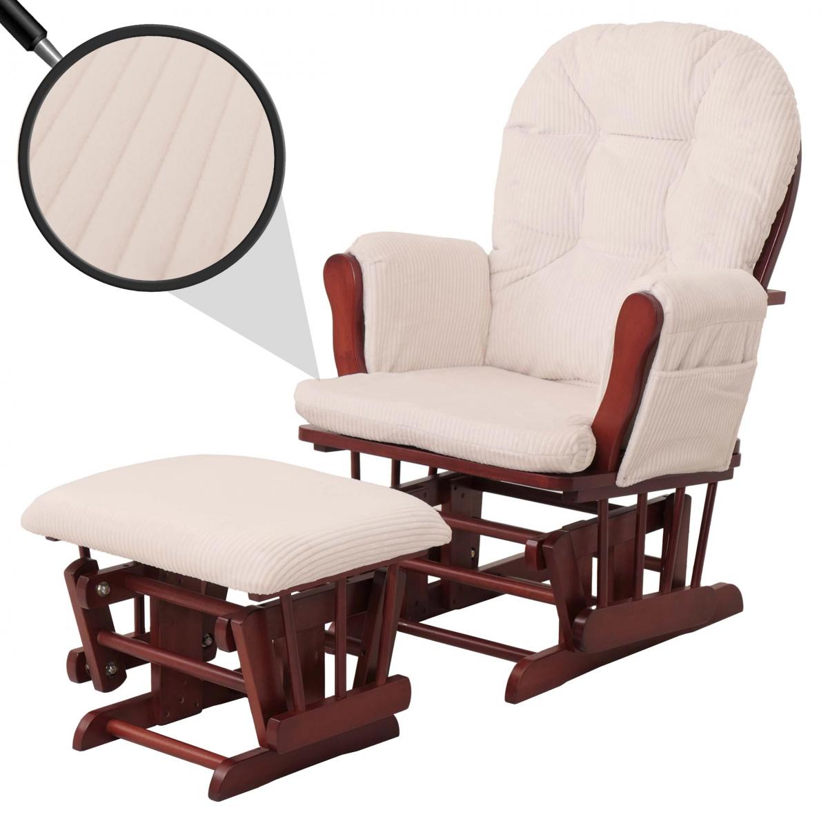 Relaxsessel HWC-C76, Schaukelstuhl Sessel Schwingstuhl mit Hocker Stoff Cord 320g/m ko-Tex ~ creme Gestell dunkel