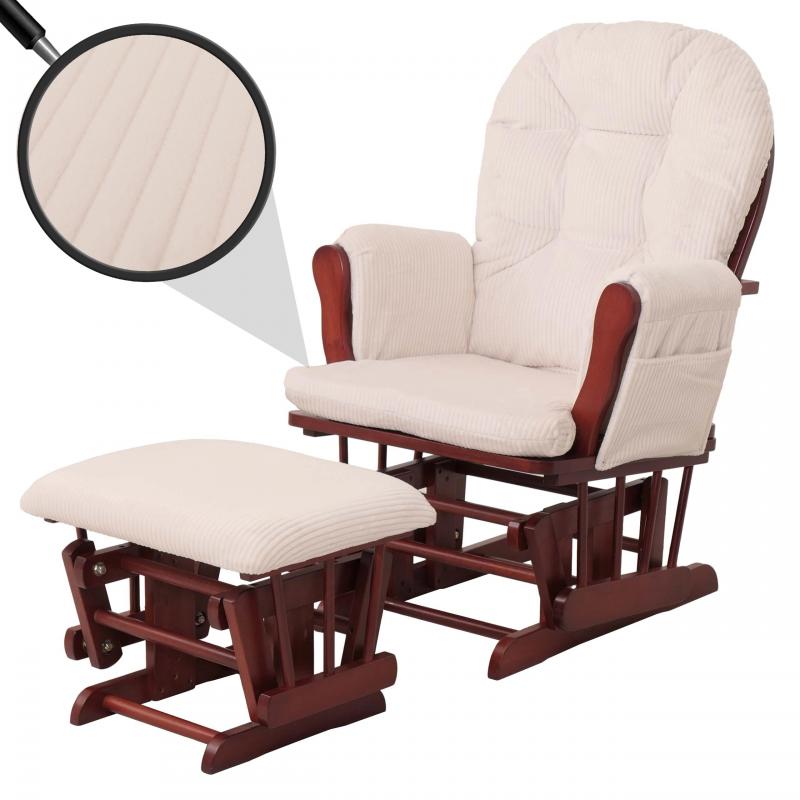 Relaxsessel HWC-C76, Schaukelstuhl Sessel Schwingstuhl mit Hocker Stoff Cord 320g/m ko-Tex ~ creme Gestell dunkel
