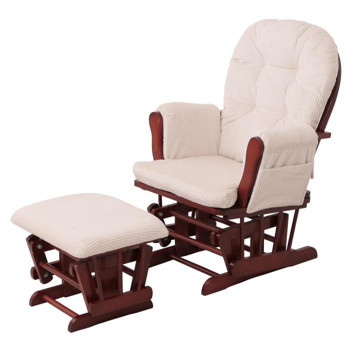Relaxsessel HWC-C76, Schaukelstuhl Sessel Schwingstuhl mit Hocker Stoff Cord 320g/m ko-Tex ~ creme Gestell dunkel