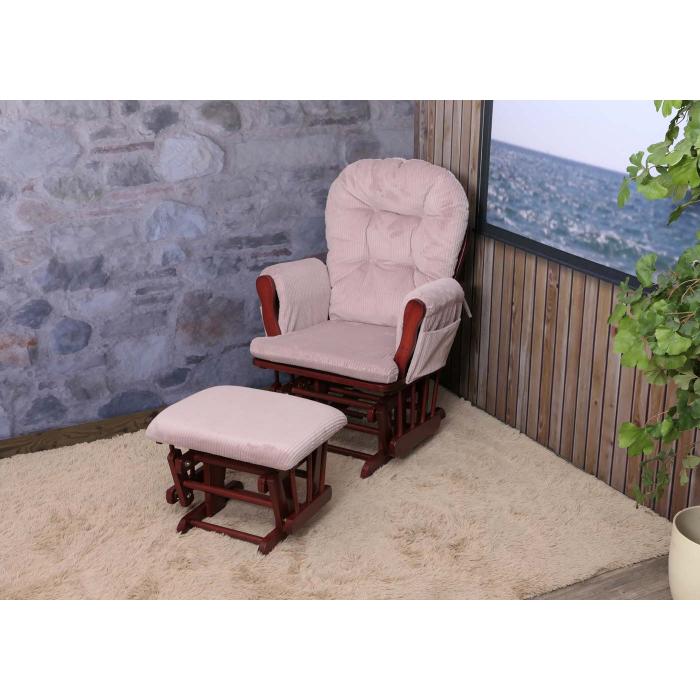 Relaxsessel HWC-C76, Schaukelstuhl Sessel Schwingstuhl mit Hocker Stoff Cord 320g/m ko-Tex ~ rosa Gestell dunkel