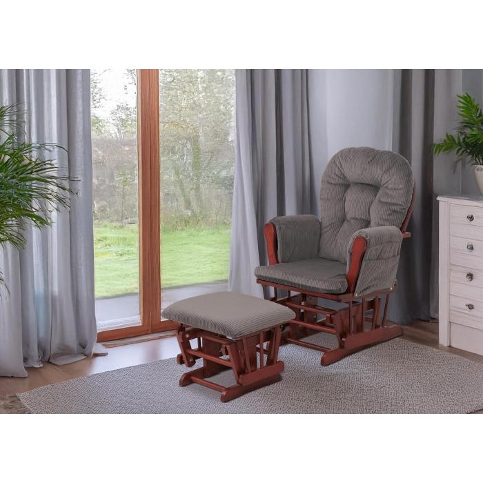 Relaxsessel HWC-C76, Schaukelstuhl Sessel Schwingstuhl mit Hocker Stoff Cord 320g/m ko-Tex ~ dunkelgrau Gestell dunkel