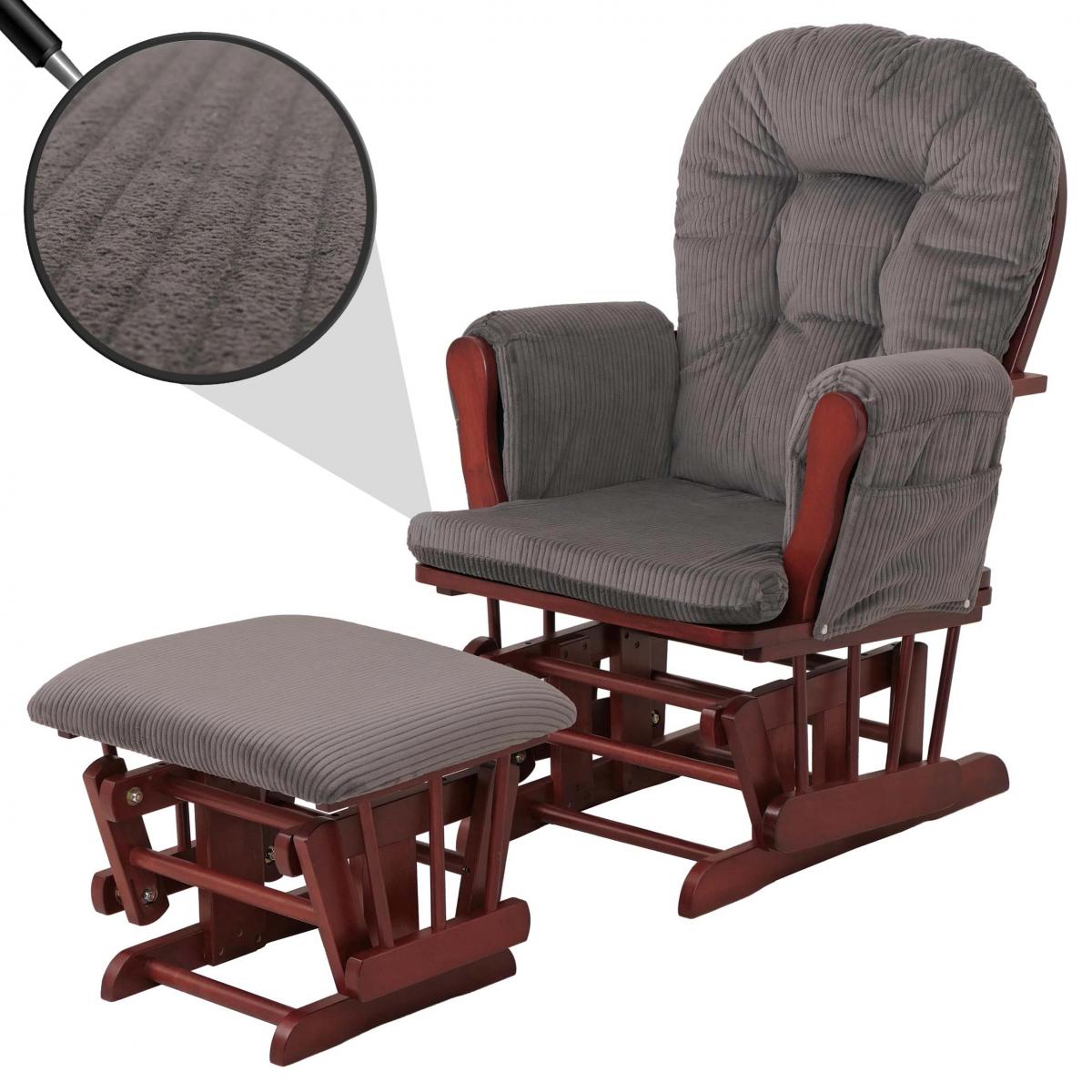 Relaxsessel HWC-C76, Schaukelstuhl Sessel Schwingstuhl mit Hocker Stoff Cord 320g/m ko-Tex ~ dunkelgrau Gestell dunkel