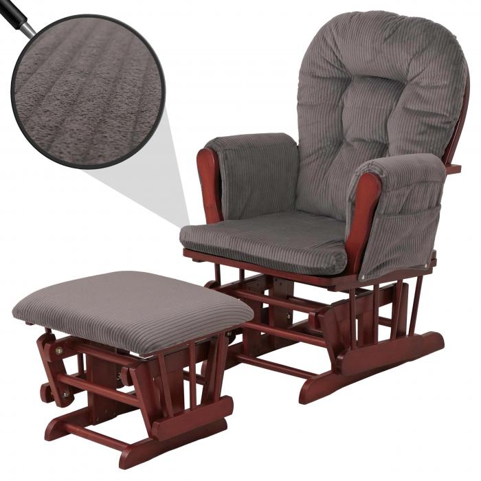 Relaxsessel HWC-C76, Schaukelstuhl Sessel Schwingstuhl mit Hocker Stoff Cord 320g/m ko-Tex ~ dunkelgrau Gestell dunkel