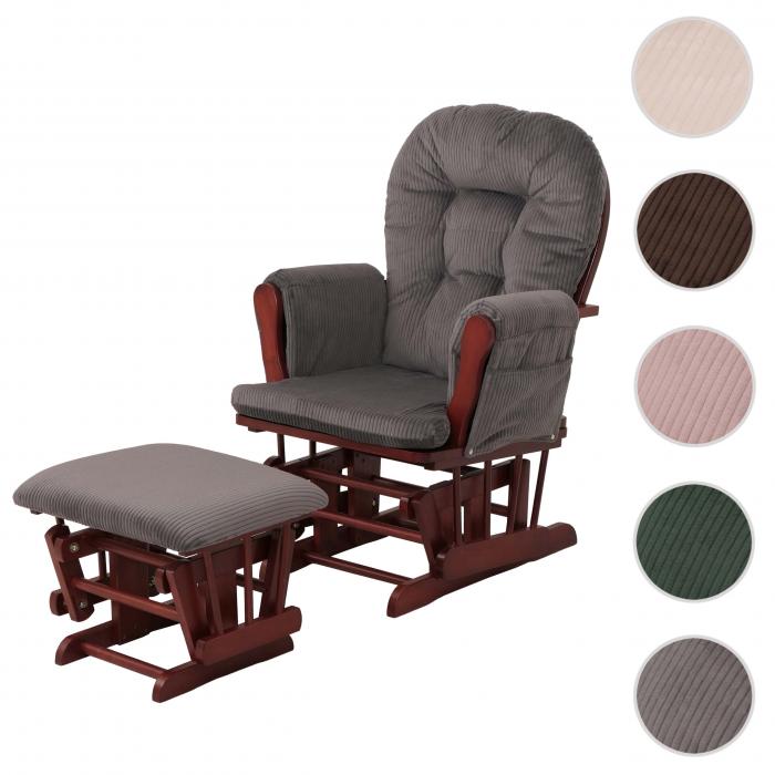 Relaxsessel HWC-C76, Schaukelstuhl Sessel Schwingstuhl mit Hocker Stoff Cord 320g/m ko-Tex ~ dunkelgrau Gestell dunkel