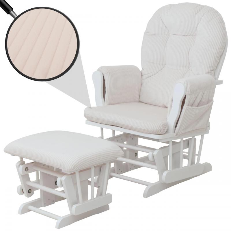 Relaxsessel HWC-C76, Schaukelstuhl Sessel Schwingstuhl mit Hocker Stoff Cord 320g/m ko-Tex ~ creme Gestell wei