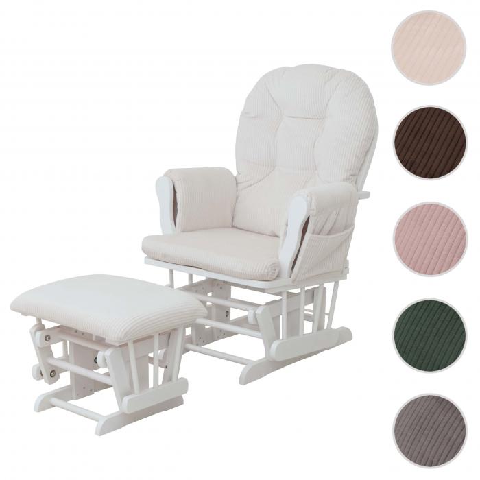 Relaxsessel HWC-C76, Schaukelstuhl Sessel Schwingstuhl mit Hocker Stoff Cord 320g/m ko-Tex ~ creme Gestell wei