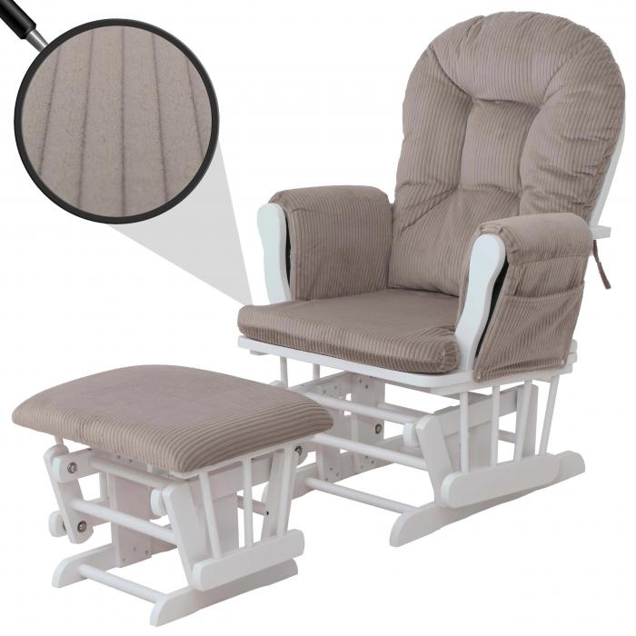 Relaxsessel HWC-C76, Schaukelstuhl Sessel Schwingstuhl mit Hocker Stoff Cord 320g/m ko-Tex ~ hellgrau Gestell wei