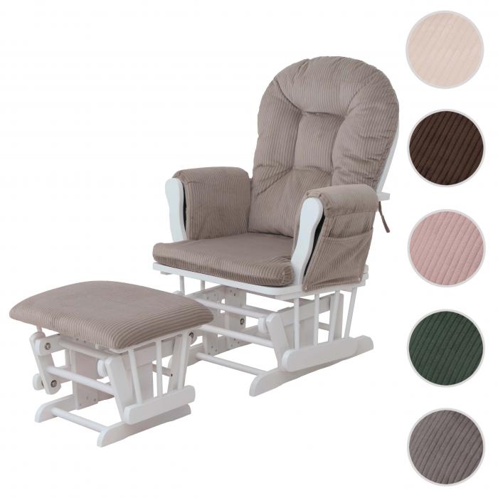 Relaxsessel HWC-C76, Schaukelstuhl Sessel Schwingstuhl mit Hocker Stoff Cord 320g/m ko-Tex ~ hellgrau Gestell wei