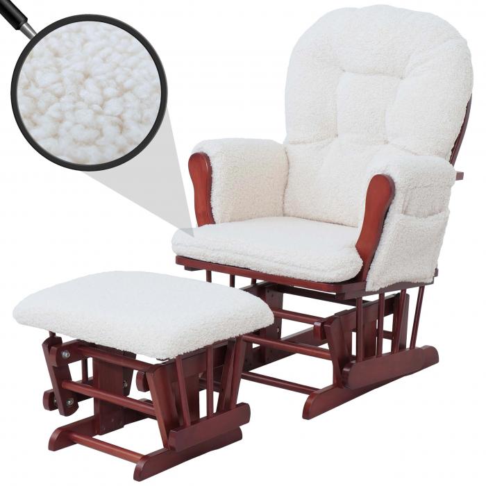 Relaxsessel HWC-C76, Schaukelstuhl Sessel Schwingstuhl + Hocker Stoff Boucl 480g/m ko-Tex ~ creme Gestell dunkel