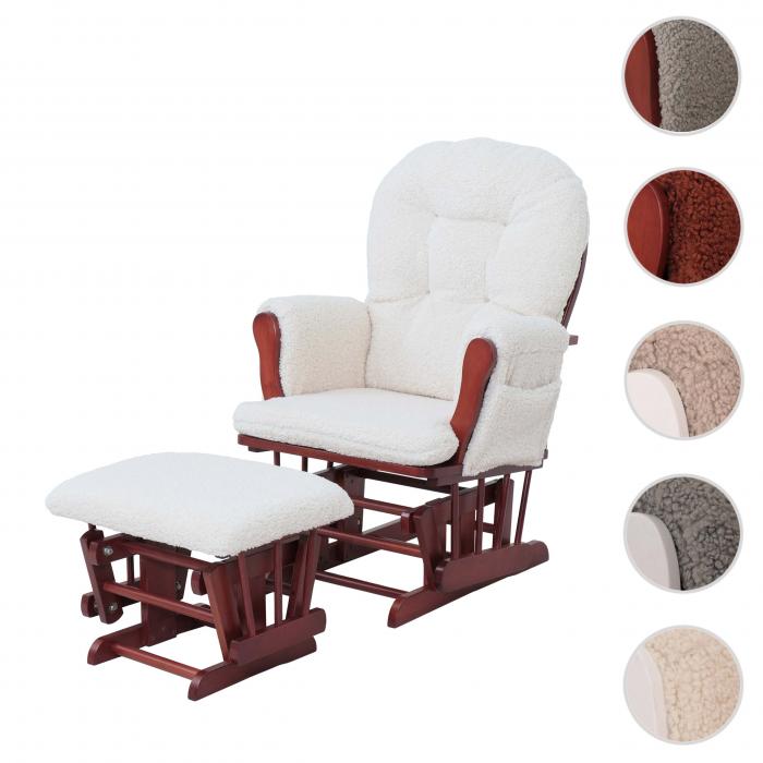 Relaxsessel HWC-C76, Schaukelstuhl Sessel Schwingstuhl + Hocker Stoff Boucl 480g/m ko-Tex ~ creme Gestell dunkel