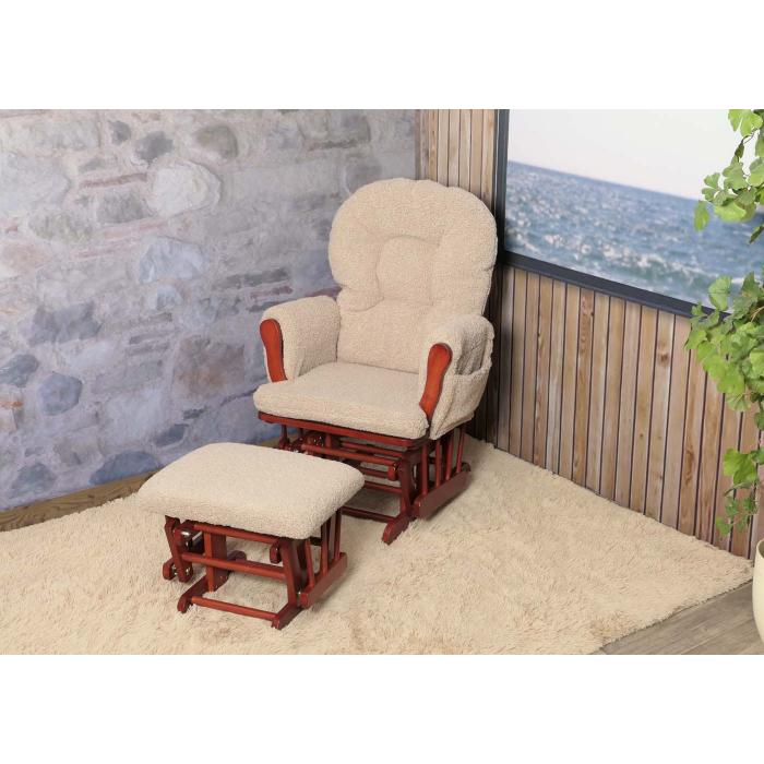 Relaxsessel HWC-C76, Schaukelstuhl Sessel Schwingstuhl + Hocker Stoff Boucl 480g/m ko-Tex ~ braun Gestell dunkel