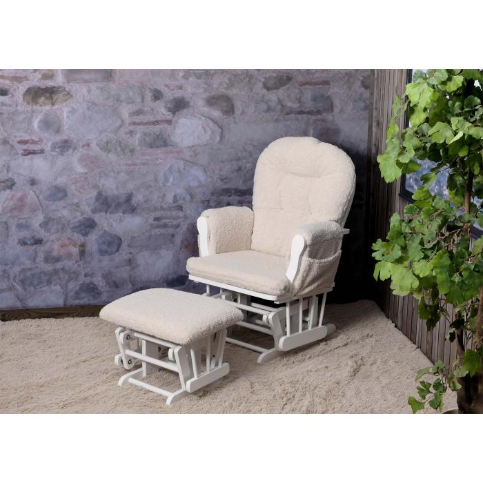 Relaxsessel HWC-C76, Schaukelstuhl Sessel Schwingstuhl + Hocker Stoff Boucl 480g/m ko-Tex ~ creme Gestell wei
