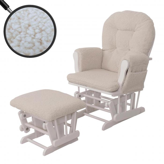 Relaxsessel HWC-C76, Schaukelstuhl Sessel Schwingstuhl + Hocker Stoff Boucl 480g/m ko-Tex ~ creme Gestell wei