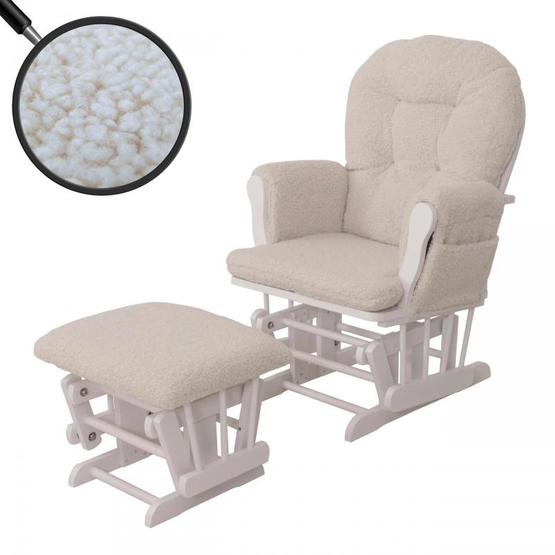 Relaxsessel HWC-C76, Schaukelstuhl Sessel Schwingstuhl + Hocker Stoff Boucl 480g/m ko-Tex ~ creme Gestell wei