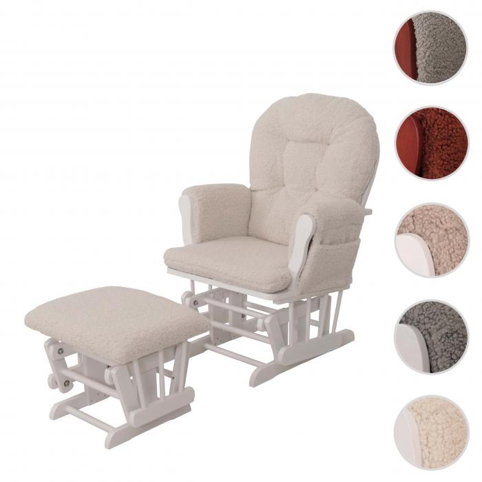 Relaxsessel HWC-C76, Schaukelstuhl Sessel Schwingstuhl + Hocker Stoff Boucl 480g/m ko-Tex ~ creme Gestell wei