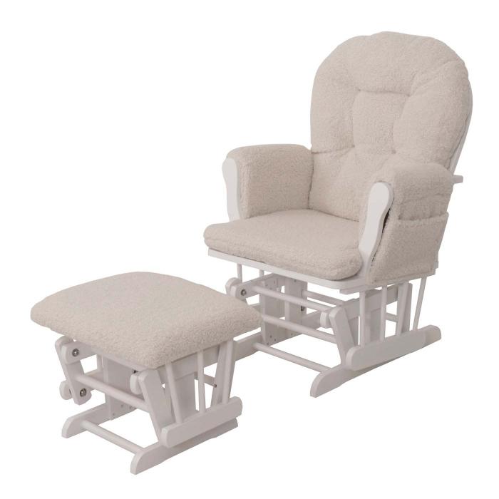 Relaxsessel HWC-C76, Schaukelstuhl Sessel Schwingstuhl + Hocker Stoff Boucl 480g/m ko-Tex ~ creme Gestell wei