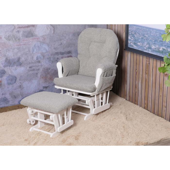 Relaxsessel HWC-C76, Schaukelstuhl Sessel Schwingstuhl + Hocker Stoff Boucl 480g/m ko-Tex ~ grau Gestell wei
