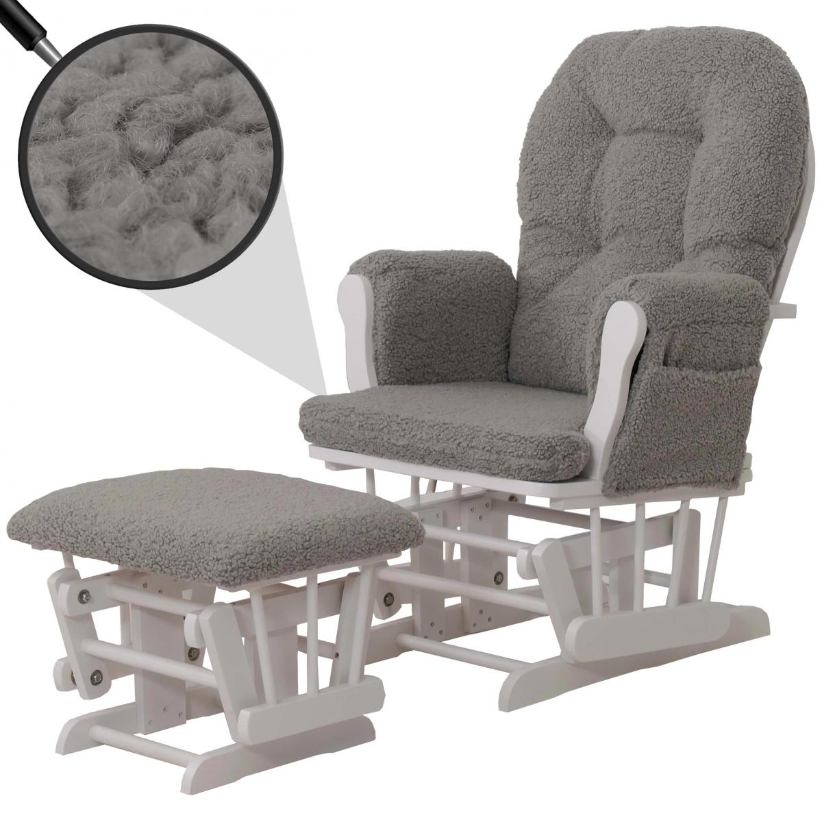 Relaxsessel HWC-C76, Schaukelstuhl Sessel Schwingstuhl + Hocker Stoff Boucl 480g/m ko-Tex ~ grau Gestell wei