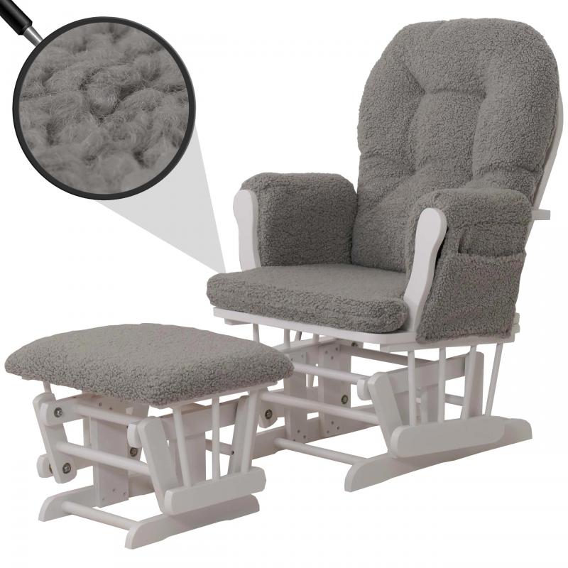 Relaxsessel HWC-C76, Schaukelstuhl Sessel Schwingstuhl + Hocker Stoff Boucl 480g/m ko-Tex ~ grau Gestell wei