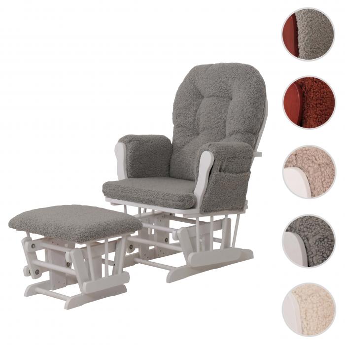 Relaxsessel HWC-C76, Schaukelstuhl Sessel Schwingstuhl + Hocker Stoff Boucl 480g/m ko-Tex ~ grau Gestell wei