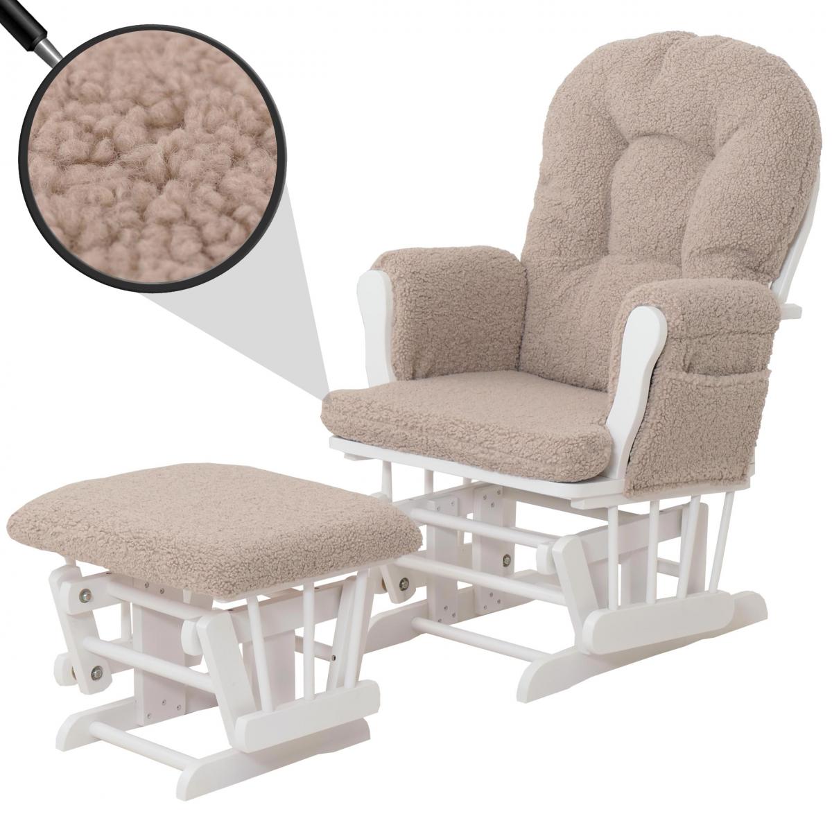 Relaxsessel HWC-C76, Schaukelstuhl Sessel Schwingstuhl + Hocker Stoff Boucl 480g/m ko-Tex ~ braun Gestell wei