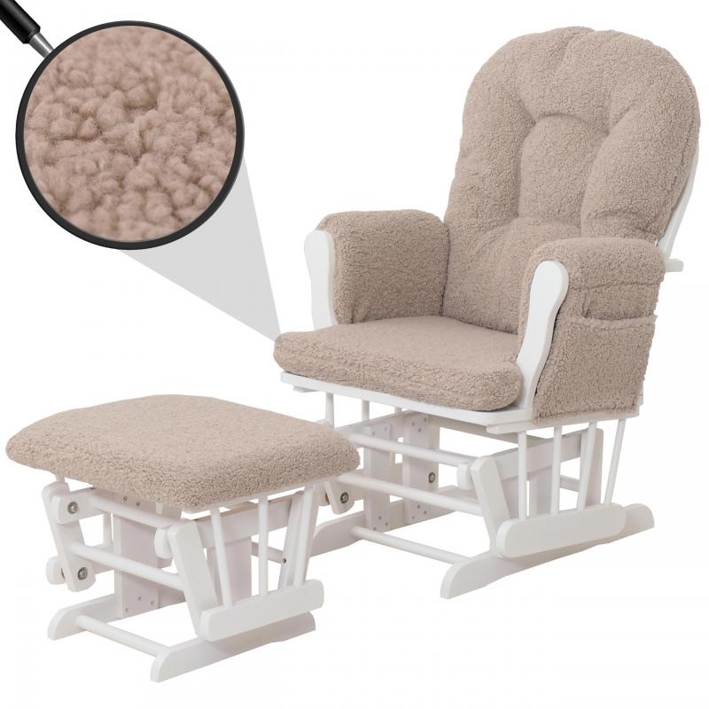 Relaxsessel HWC-C76, Schaukelstuhl Sessel Schwingstuhl + Hocker Stoff Boucl 480g/m ko-Tex ~ braun Gestell wei