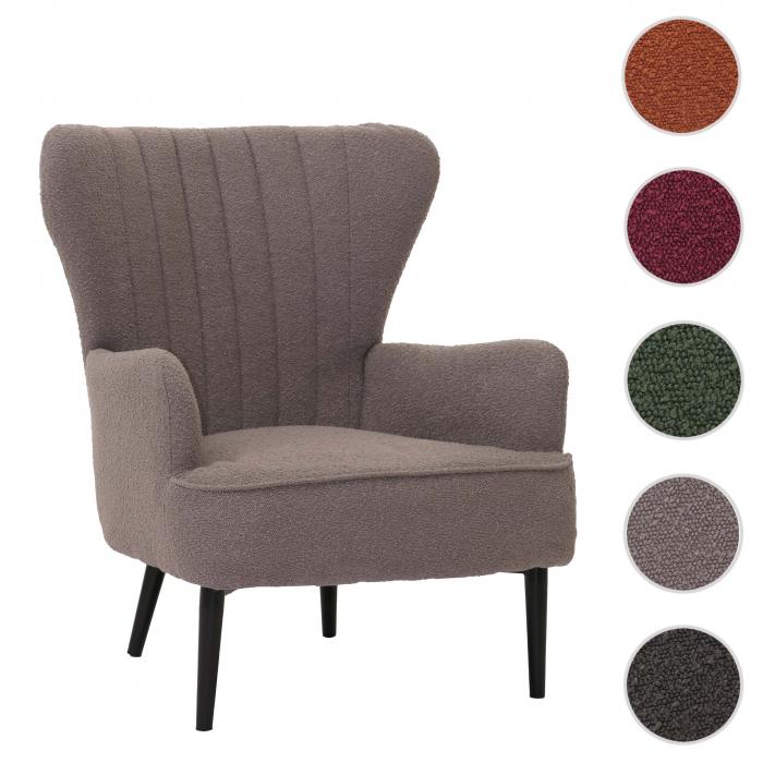 Lounge-Sessel HWC-K37, Cocktail-/Ohrensessel Polsterstuhl Retro Vintage Stoff Boucl (600g/m) ko-Tex ~ hellgrau