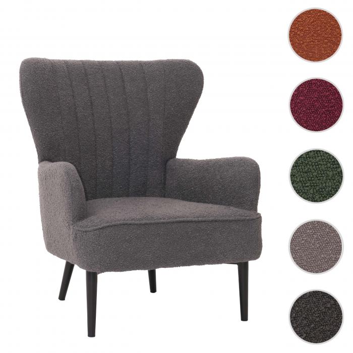 Lounge-Sessel HWC-K37, Cocktail-/Ohrensessel Polsterstuhl Retro Vintage Stoff Boucl (600g/m) ko-Tex ~ dunkelgrau