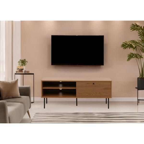 TV-Rack HWC-N78, Lowboard TV-Schrank, skandinavischer Stil Metall Holz Melamin MVG 50x120x40cm ~ natur