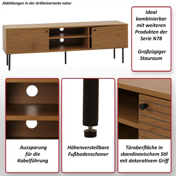Foto mit wichtigsten Merkmalen des Produktes TV-Rack HWC-N78, Lowboard TV-Schrank, skandinavischer Stil Metall Holz Melamin MVG 50x150x40cm ~ natur
