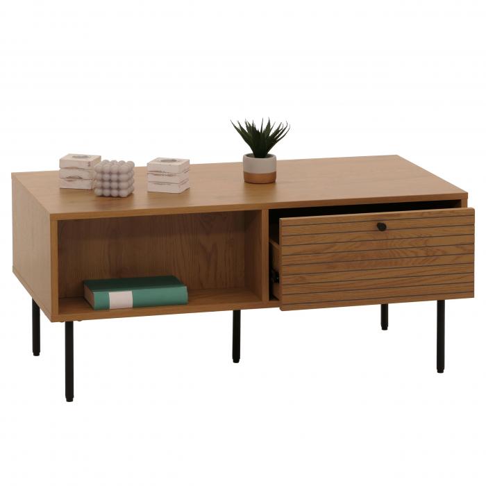 Couchtisch HWC-N78, Wohnzimmertisch Sofatisch, skandinavischer Stil Metall Holz Melamin MVG 45x100x50cm ~ natur