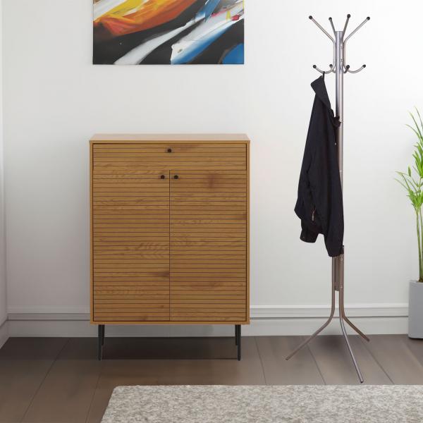 Schuhschrank HWC-N78, Schuhregal Schrank, skandinavischer Stil Metall Holz Melamin MVG 115x80x35cm ~ natur