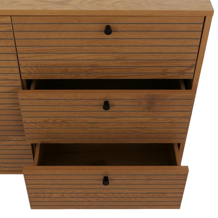 Kommode HWC-N78, Sideboard, 3 Schubladen 2 Tren, skandinavischer Stil Metall Holz Melamin MVG 85x150x40cm ~ natur